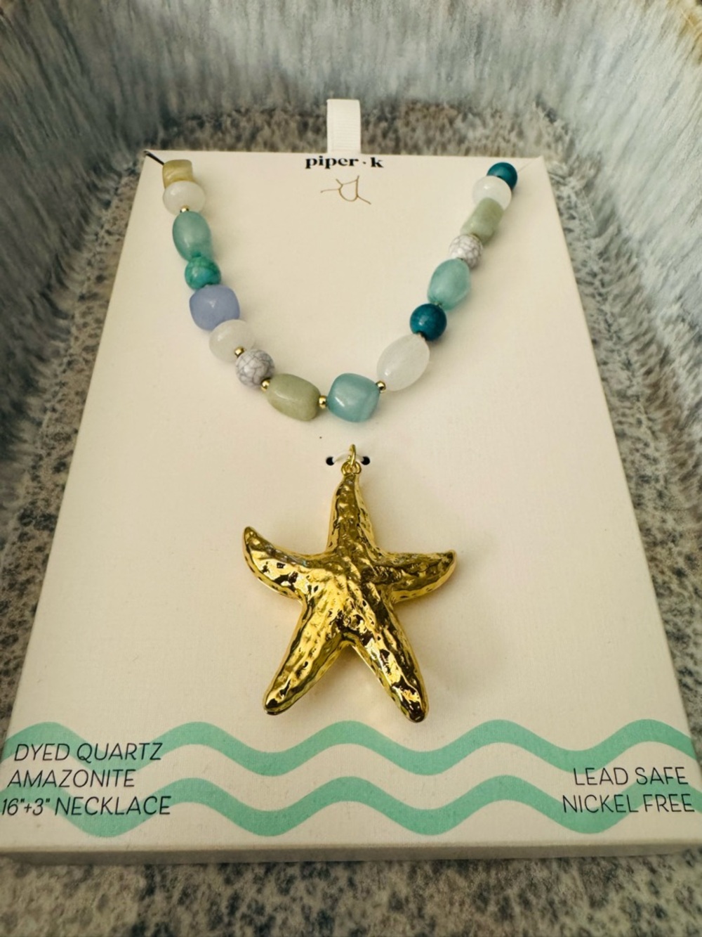 NWT Piper.K Gold Starfish Necklace with Aqua, Teal & White Beads
